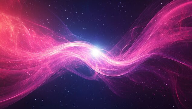 Abstract cosmic nebula, swirling pink and purple energy waves against a dark starry backdrop - Powered by Adobe