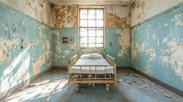 Faded Bed in Abandoned Medical Facility Interior