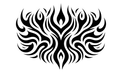 A bold black and white horizontal tribal tattoo with sharp symmetrical lines and flame-like patterns