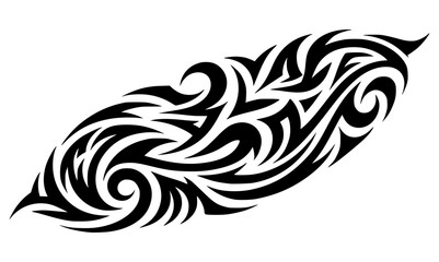 A creative horizontal tribal tattoo design in black and white, blending animalistic curves and sharp edges in a continuous band