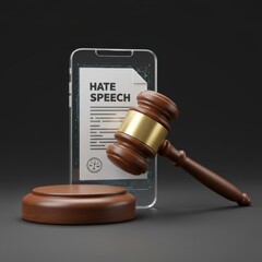 Online Hate Speech Legal Ramifications: 3D Render of Judge's Gavel and Smartphone Displaying Hate Speech Document