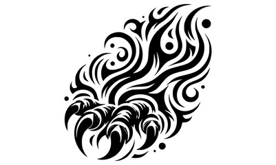 Fototapeta premium A horizontal tribal tattoo design in black and white, with dynamic flame and claw motifs flowing from one side to the other
