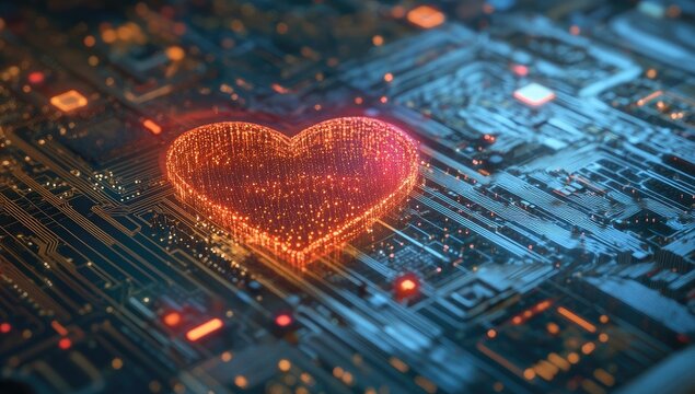 Abstract heart graphic on a circuit board, glowing red lines