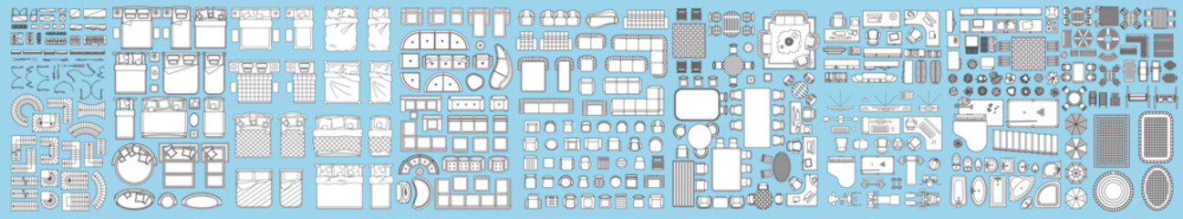 Top view. Architectural elements and furniture for the floor plan. Vector. Beds, sofas, kitchens, chairs, doors, windows, wardrobes, trainers, tables, baths, toilet bowls. Garden. View from above.