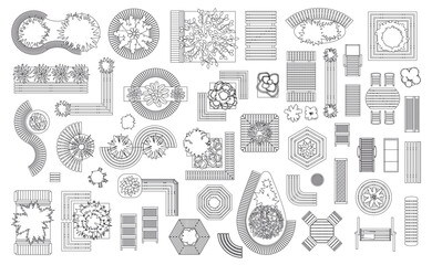 Obraz premium Top view of set of linear isolated vector icons. Outdoor, patio, garden, backyard furniture. View from above. Aerial. Design project.