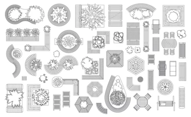 Fotobehang Top view of set of linear isolated vector icons. Outdoor, patio, garden, backyard furniture. View from above. Aerial. Design project. © Алексей Шпадарук
