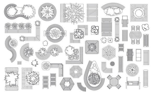 Top view of set of linear isolated vector icons. Outdoor, patio, garden, backyard furniture. View from above. Aerial. Design project.