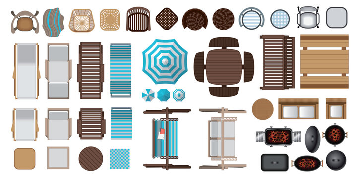 Top view of set of vector isolated icons. Outdoor, patio, garden, backyard furniture. Tables, chairs, sunbeds, umbrellas, swing, barbecue. View from above. Aerial. Outdoor design and decoration