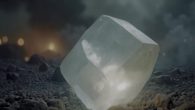 A luminous, crystalline cube rises from a dark, textured landscape, illuminated by soft, ambient light. Mysterious and ethereal