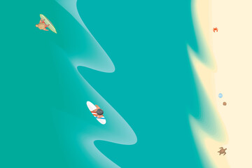 Top view of surfers on boards, sea, sandy beach, turtle, shells, crab. View from above. Beach, surfing, outdoor activities, summer camp. Aerial.