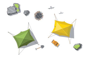 Top view. Vector isolated images of a tourist clearing with tents, backpacks, a campfire, a shovel, and birds. View from above. Aerial. Active leisure. Camping. Ecotourism.