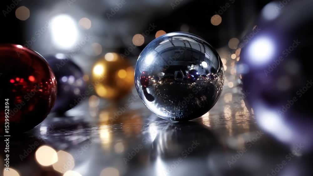 Poster shiny glass balls with reflections on the floor, close-up, bokeh, shallow depth of field, dark backg