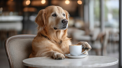 Charming Golden Retriever Elegantly Enjoying A Coffee Break At A Cozy Cafe