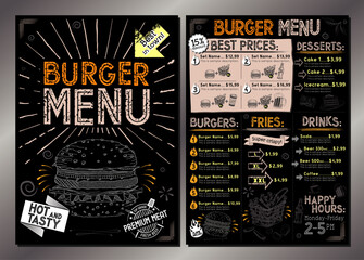 Naklejka premium Vintage burger restaurant menu template - single A4 card (burgers, french fries, desserts, drinks, sets)
