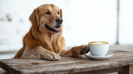 Charming Golden Retriever Elegantly Enjoying A Coffee Break At A Cozy Cafe