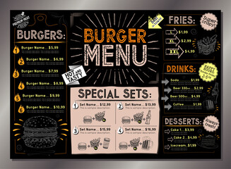 Naklejka premium Vintage burger restaurant menu template - A4 or A3 table card (burgers, french fries, desserts, drinks, sets)