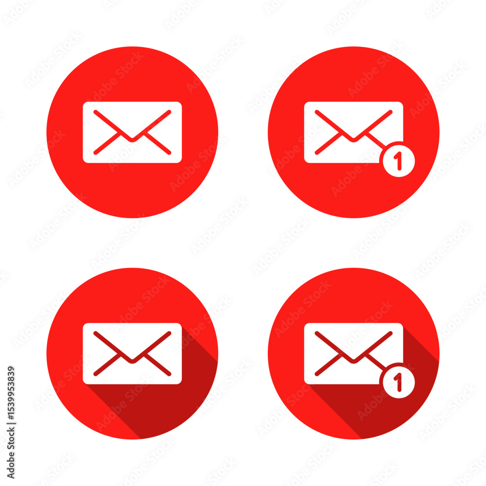Poster message notification icon set with long shadow. email envelope, receive mail sign symbol