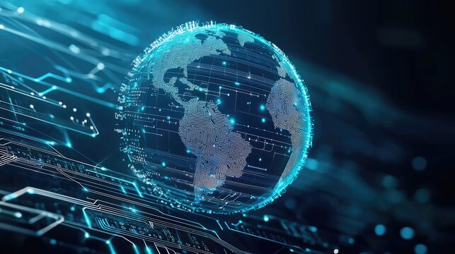 Digital representation of the earth over a complex circuit board.