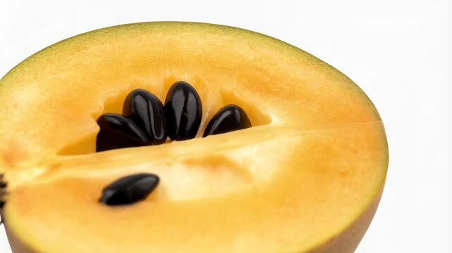 Studio shot of a half sapodilla fruit, revealing its light brown pulp and several shiny black seeds, set against a plain white backdrop.