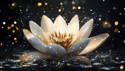 Glowing white lotus flower, golden glitter, dark background