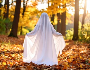 Naklejka premium Child dressed as a ghost in a golden autumn forest