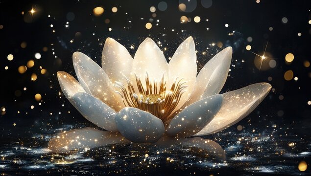 Glowing white lotus flower, golden glitter, dark background