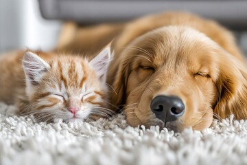 A close-up shot of a golden retriever and a gray and white kitten nestled together, sleeping peacefully on a plush, off-white carpet.