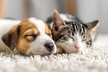 A close-up shot of a golden retriever and a gray and white kitten nestled together, sleeping peacefully on a plush, off-white carpet.