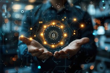 Businessman holding a DevOps automation network connecting icon for quicker go-to-market time in product development 