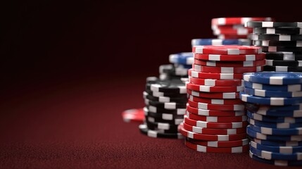 Colorful poker chips on a red casino table.