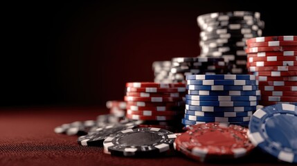 Colorful poker chips on a red casino table.