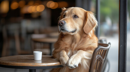 Charming Golden Retriever Patiently Perched at a Bistro Table with a Glass of Milk 