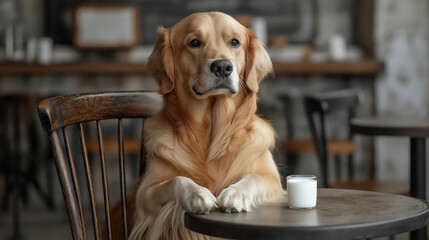 Charming Golden Retriever Patiently Perched at a Bistro Table with a Glass of Milk 