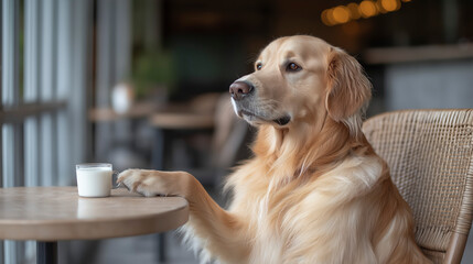 Charming Golden Retriever Patiently Perched at a Bistro Table with a Glass of Milk 