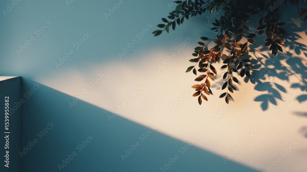 Aufkleber sidelit tropical leaves creating intricate shadows on a white wall with contrasting light and dark s