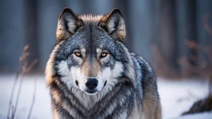 Fototapeta premium Gray Wolf in Winter: A majestic gray wolf stares intensely, its piercing golden eyes captivating against the soft, blurred background of a snowy winter forest.