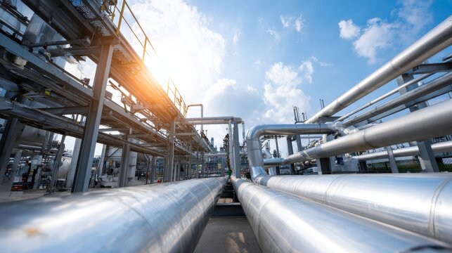 Sideangle view of an intricate refinery complex with large silver pipes, storage tanks, and structural elements under dramatic sunlight in soft blue tones