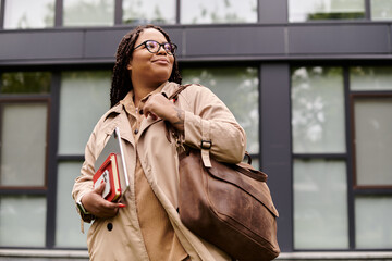 Confident university teacher carrying books and a bag on campus in fall afternoon light