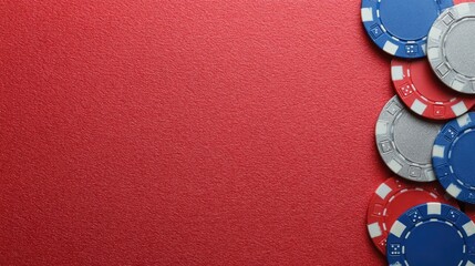 Colorful poker chips on a red casino table.