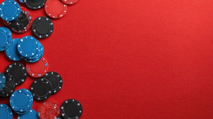 Colorful poker chips on a red casino table.