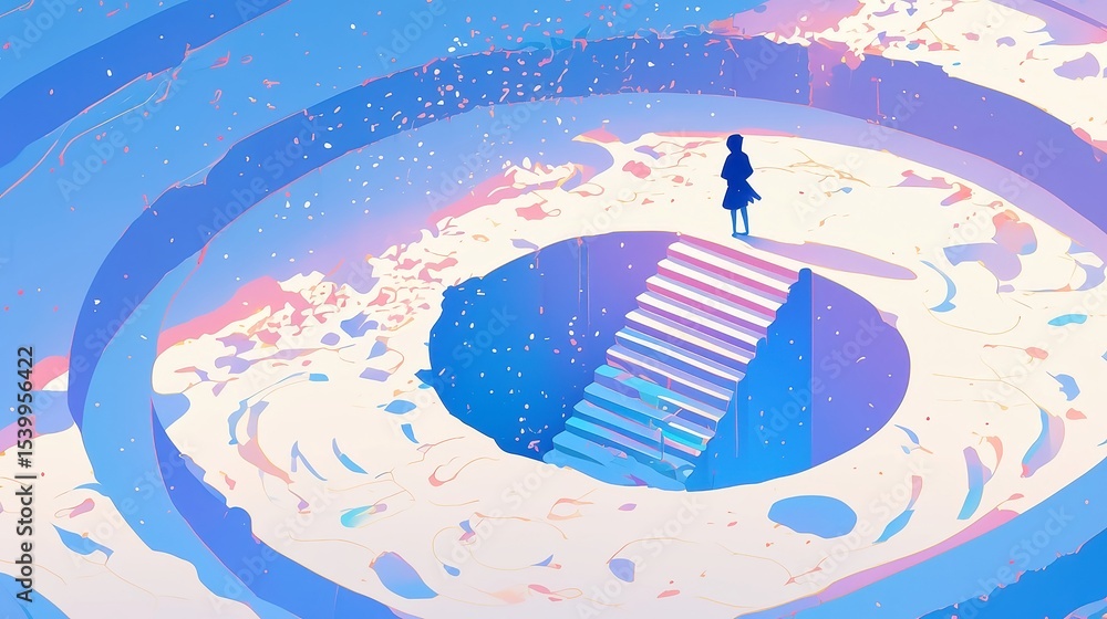 Poster tiny adventurer entering a circular pastel cave on a smooth surface, surrounded by soft hues and whi