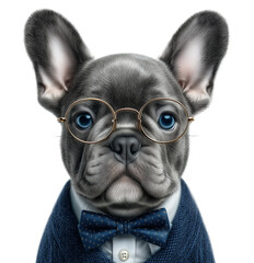 French bulldog frenchie in glasses and bow tie image isolated transparent. Blue eyed frenchy doggy in eyeglasses bowtie cut out photo png. Quirky pet gentleman dog cutout photography