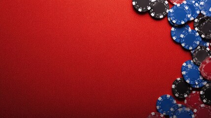 Colorful poker chips on a red casino table.
