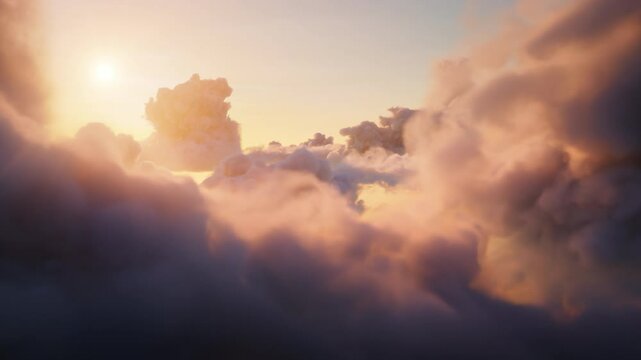 Flying over the evening timelapse clouds with the late sun. Flight through moving cloudscape with beautiful sun rays. Traveling by air. Realistic 3D render simulation. Perfect for cinema, background.