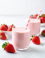 Two glasses of creamy strawberry smoothie with pink straws and fresh strawberries on gray surface in a bright healthy breakfast setting.