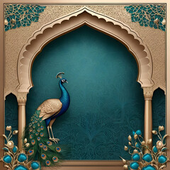 Elegant peacock in ornate gold and teal archway design © emon180