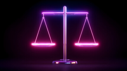 A glowing neon scale of justice symbol, highlighting balance and fairness with a modern, futuristic design on a dark background.