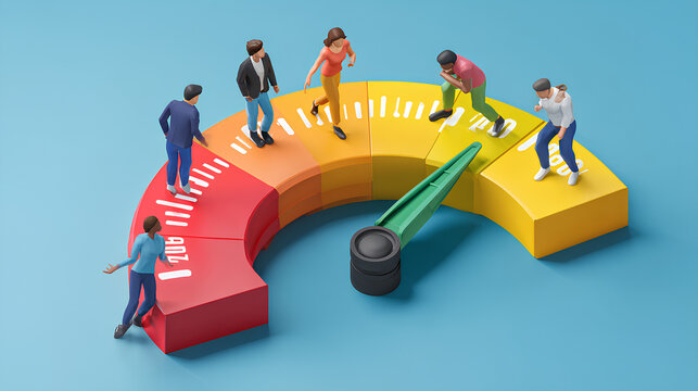 Performance rating, risk management or employee survey score, evaluation or grade assessment, employee engagement, credit score, productivity concept, business people help push measuring gauge scale. 