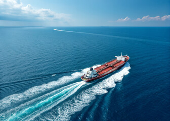 Obraz premium Oil Tanker at Sea: A large oil tanker speeds across a vast, deep blue ocean, leaving a frothy wake in its path. The ship is under a bright blue sky with fluffy clouds.