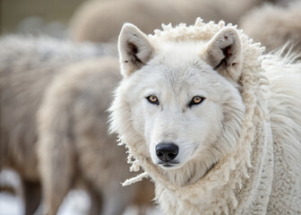 Obraz premium Arctic Wolf's Gaze: A close-up, captivating portrait of an arctic wolf, its pristine white fur contrasting against the blurred background of its pack, staring intently with piercing eyes.